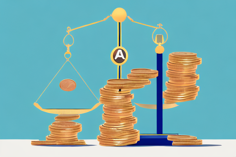 A balance scale with a box labeled "fba" on one side and a pile of coins on the other