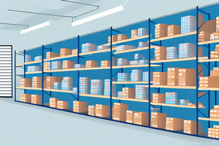 A warehouse with organized shelves filled with various types of goods