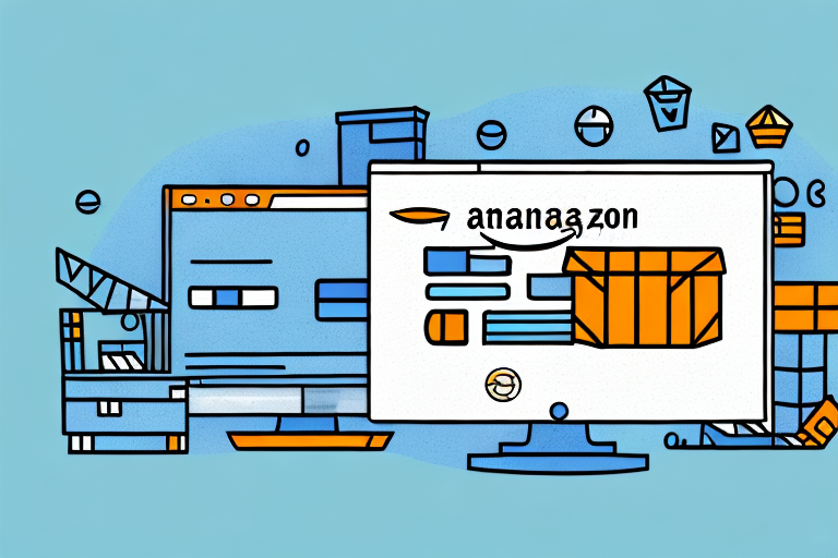 A balanced scale with a brick-and-mortar store on one side and an amazon delivery box on the other